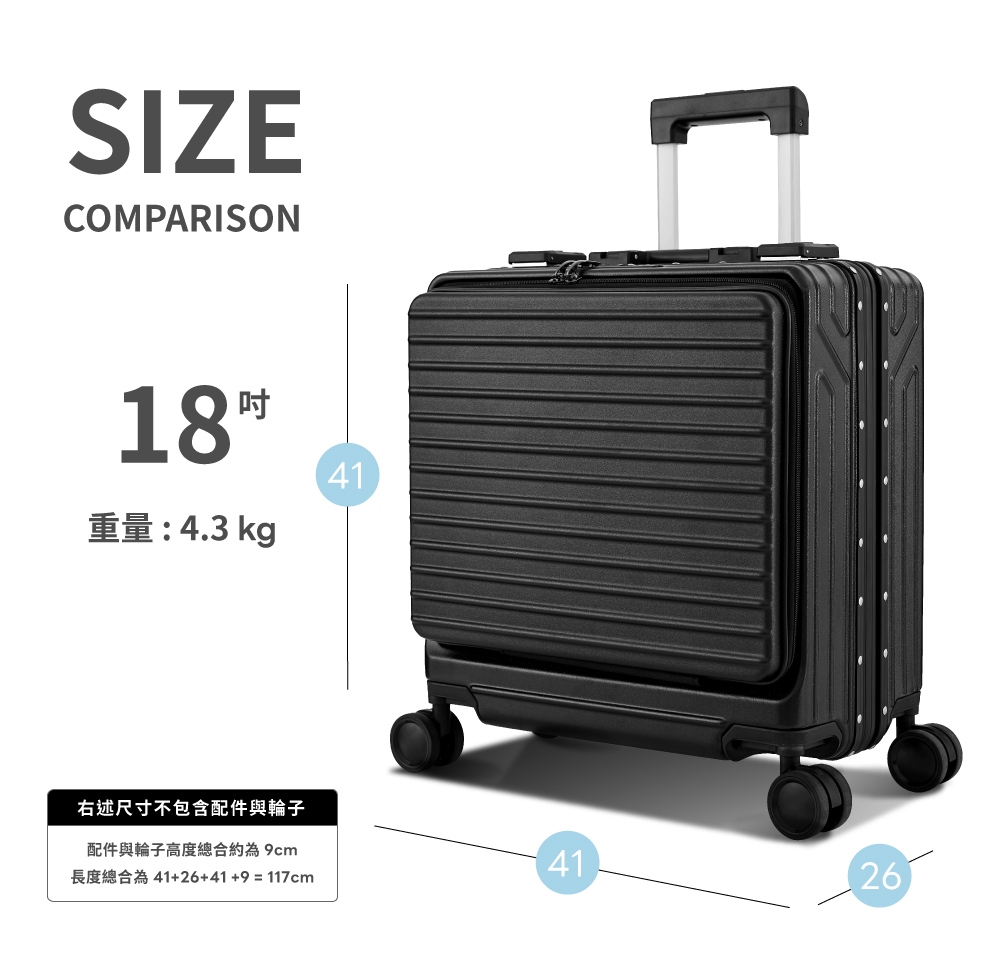 18吋 重量  4.3 kg 右述尺寸不包含配件與輪子 配件與輪子高度總合約為 9cm 長度總合為 412641 9  117cm 