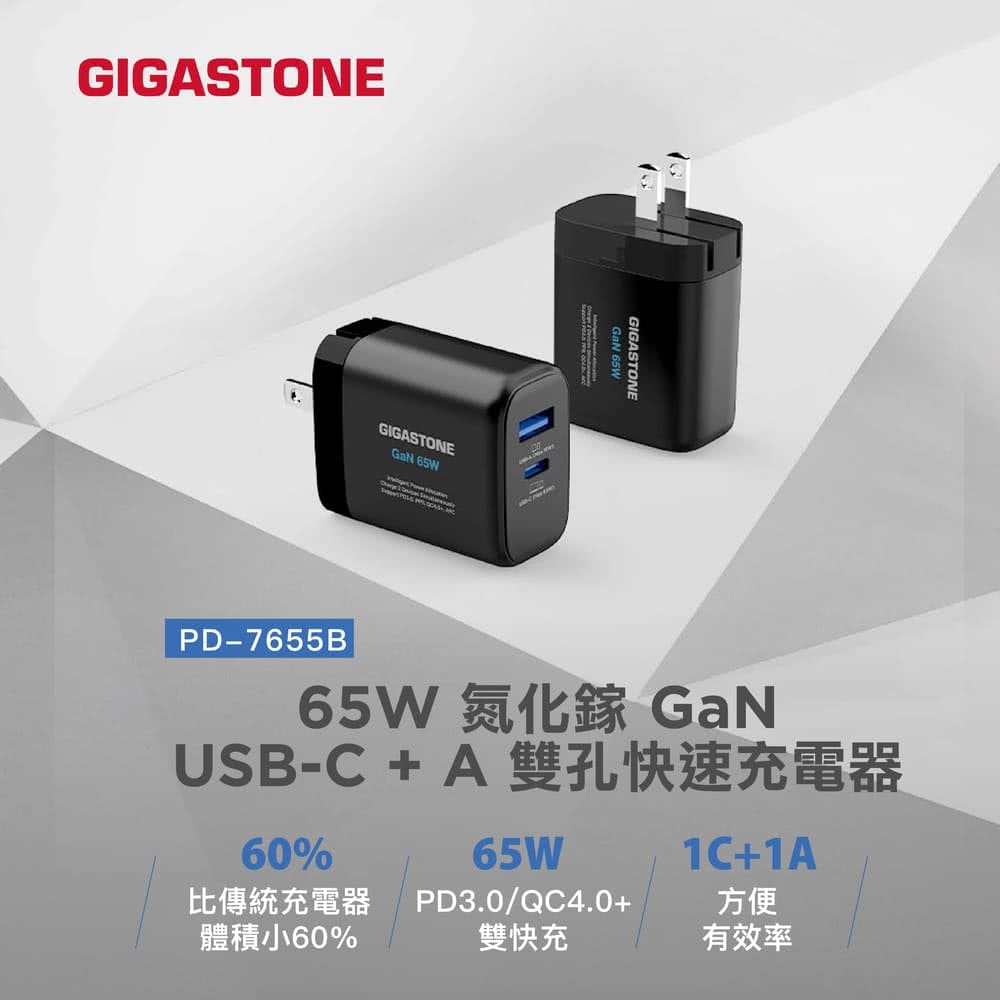 Gigastone 立達 GaN 65W氮化鎵雙孔充電器白+