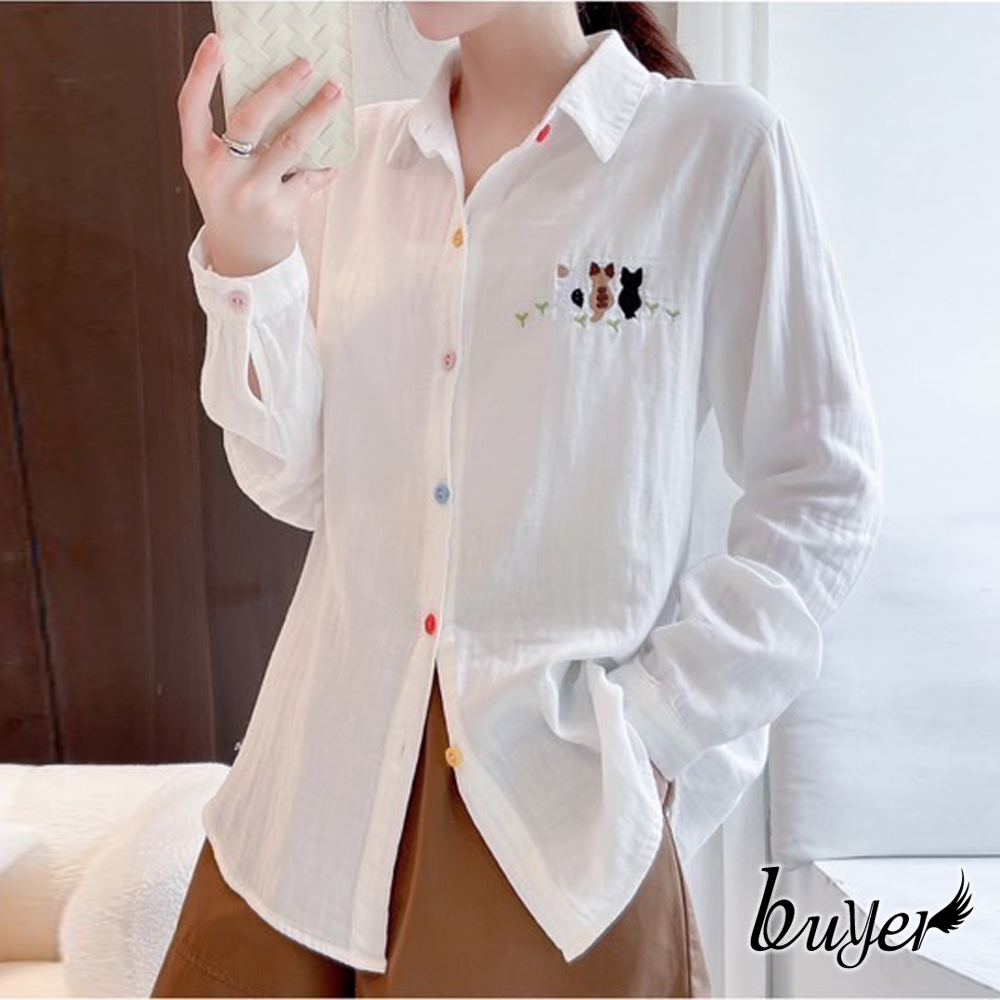 buyer 白鵝 貓咪背影 包布釦雙層紗襯衫(白色)優惠推薦