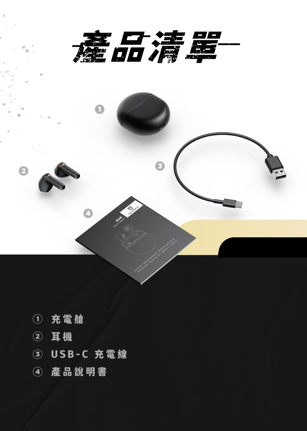 產品清單 充電艙 2 耳機 3 USBC 充電線 產品說明書 
