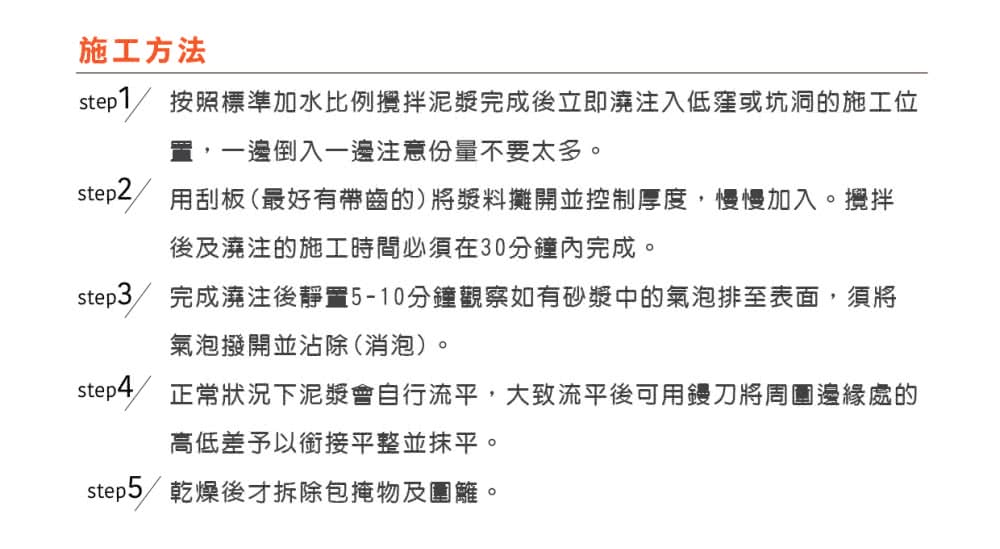 step1 按照標準加水比例攪拌泥漿完成後立即澆注入低窪或坑洞的施工位
