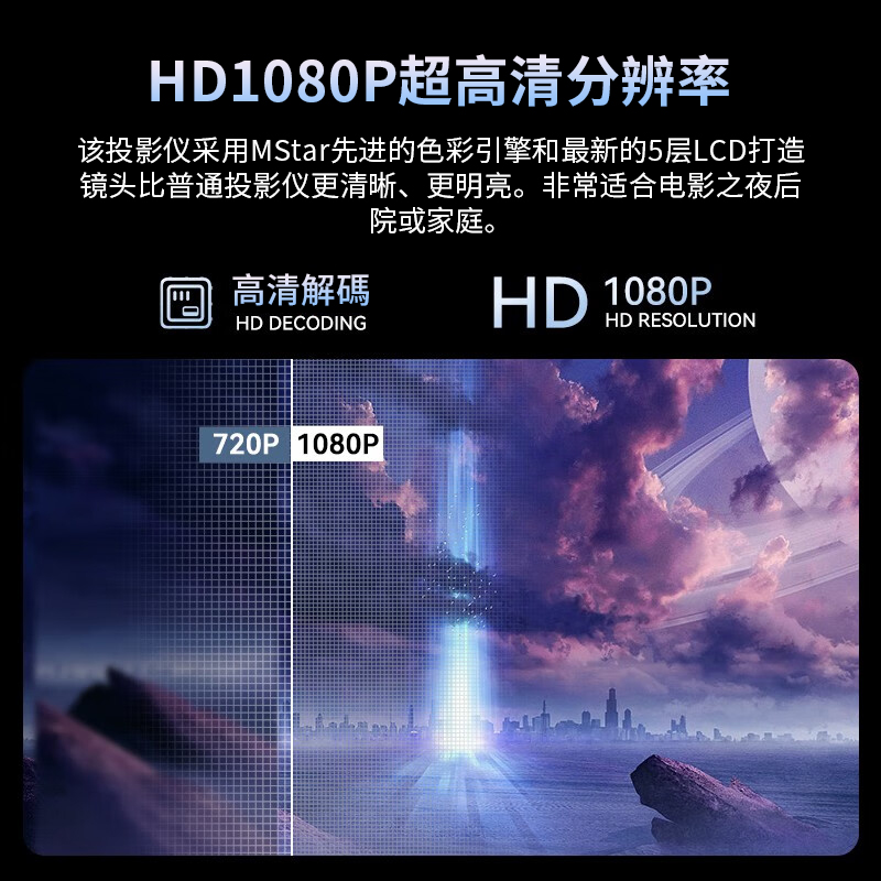 HD1080P超高清分辨率 该投影仪采用MStar先进的色彩引擎和最新的5层LCD打造 镜头比普通投影仪更清晰、更明亮。非常适合电影之夜后 院或家庭。 高清解碼 