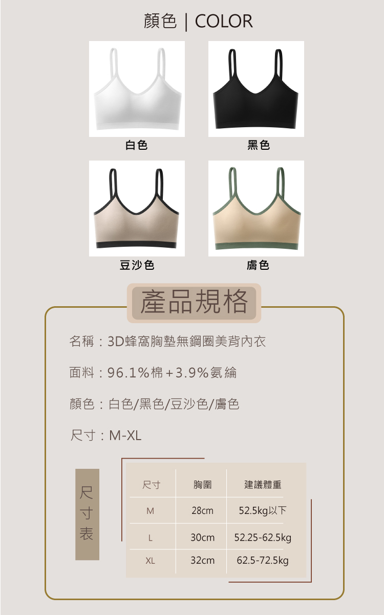 名稱 3D蜂窩胸墊無鋼圈美背內衣