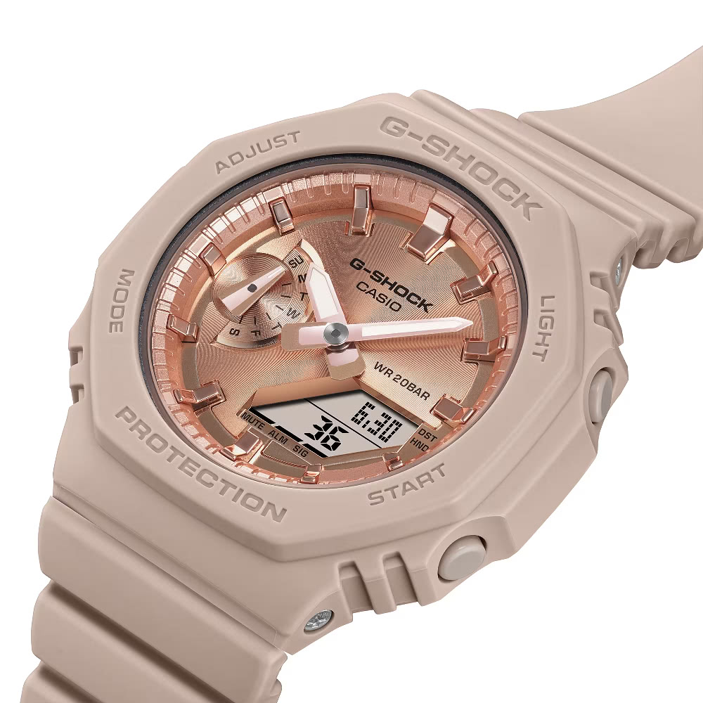 CASIO 卡西歐 八角形粉紅金平面錶盤雙顯錶 甜蜜粉 42