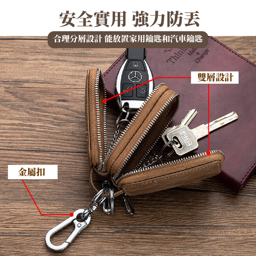 金屬扣 安全實用 強力防丢 合理分層設計 能放置家用鑰匙和汽車鑰匙 雙層設計 