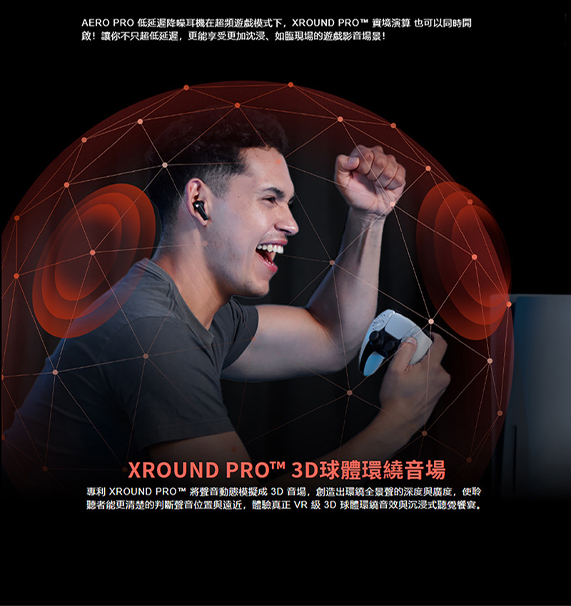 AERO PRO ä½å»¶é²éåªè³æ©å¨è¶é »éæ²æ¨¡å¼ä¸,XROUND PRO å¯¦å¢æ¼ç® ä¹å¯ä»¥åæé åè®ä½ ä¸åªè¶ä½å»¶é²,æ´è½äº«åæ´å æ²æµ¸ãå¦è¨ç¾å ´çéæ²å½±é³å ´æ¯ XROUND PRO 3Dçé«ç°ç¹é³å ´ å°å© XROUND PRO å°è²é³åææ¨¡æ¬æ3Dé³å ´,åµé åºç°ç¹å¨æ¯è²çæ·±åº¦èå»£åº¦,ä½¿è è½èè½æ´æ¸æ¥çå¤æ·è²é³ä½ç½®èé è¿,é«é©çæ­£ VR ç´ 3Dçé«ç°ç¹é³æèæ²æµ¸å¼è½è¦ºå®´ã 