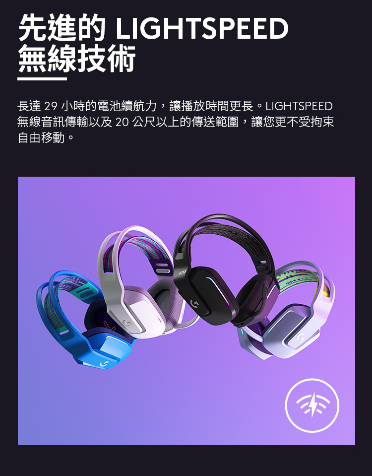 先進的 LIGHTSPEED 無線技術 長達 29 小時的電池續航力,讓播放時間更長。LIGHTSPEED 無線音訊傳輸以及 20 公尺以上的傳送範圍,讓您更不受拘束 自由移動。 