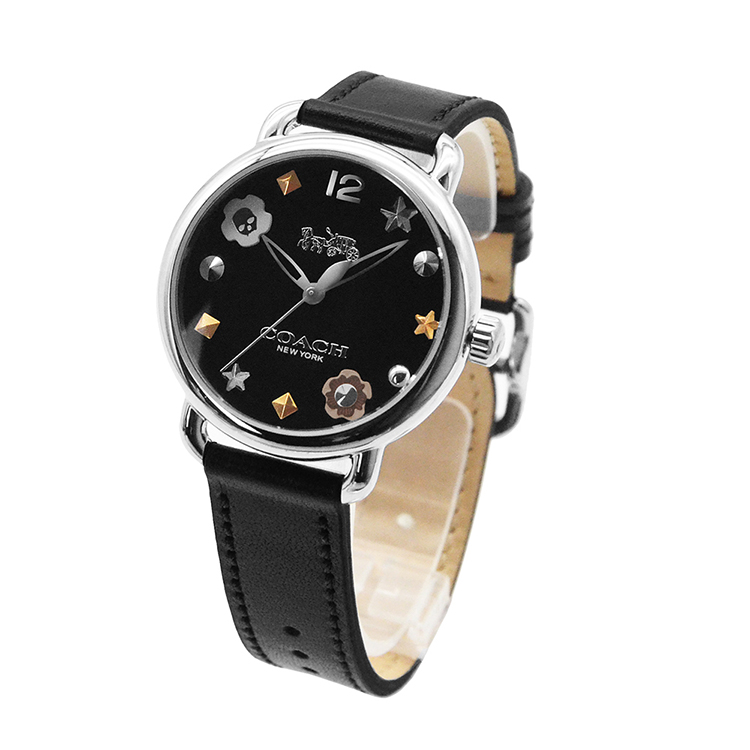COACH Delancey系列 銀框 黑面 黑色皮革錶帶 