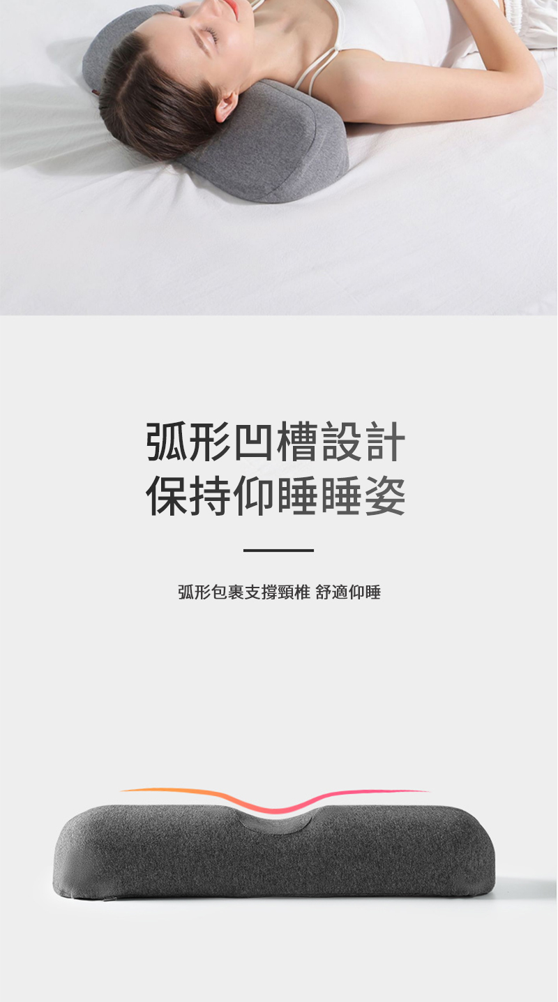 弧形凹槽設計 保持仰睡睡姿 弧形包裹支撐頸椎 舒適仰睡 
