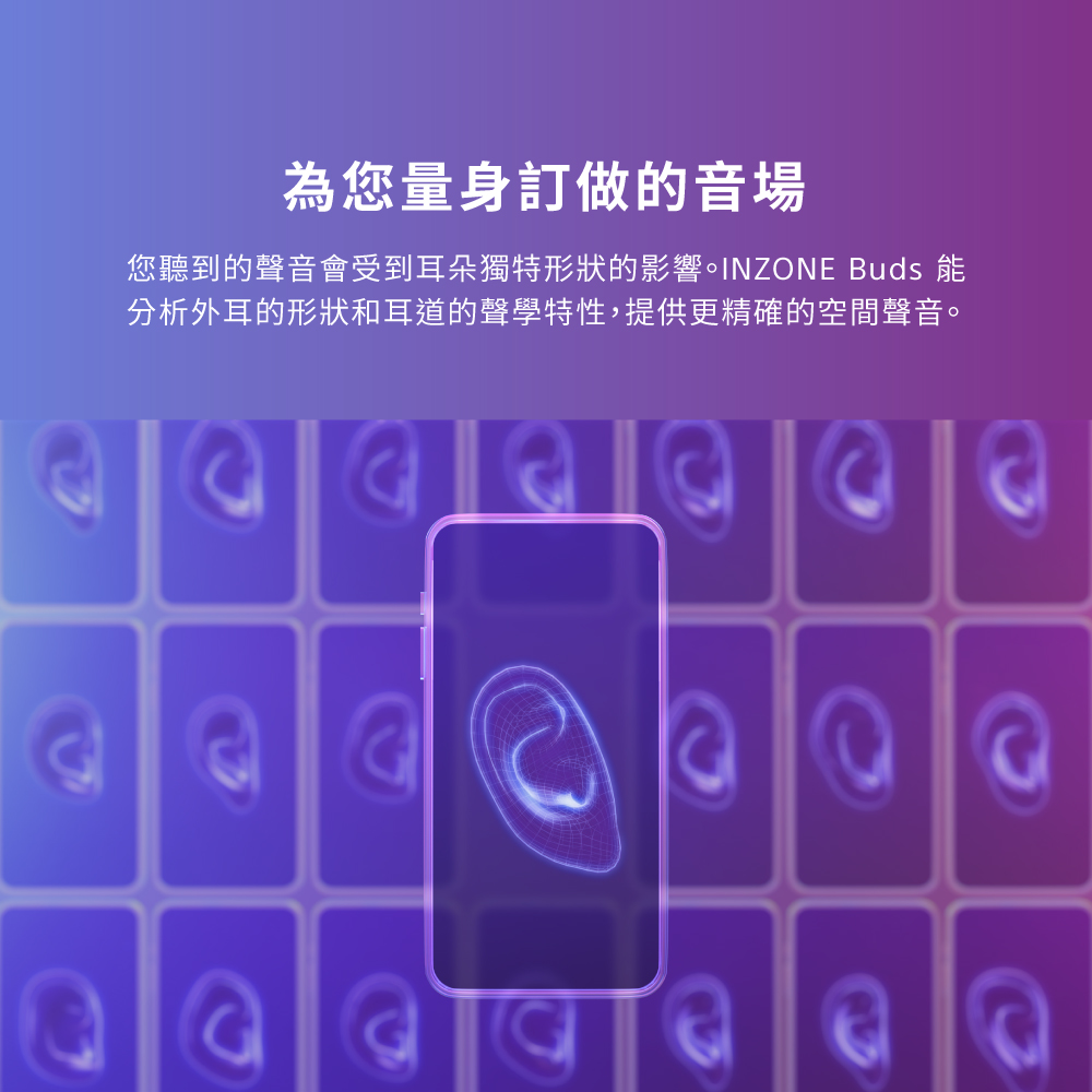 為您量身訂做的音場 您聽到的聲音會受到耳朵獨特形狀的影響。INZONE Buds 能 分析外耳的形狀和耳道的聲學特性,提供更精確的空間聲音。 