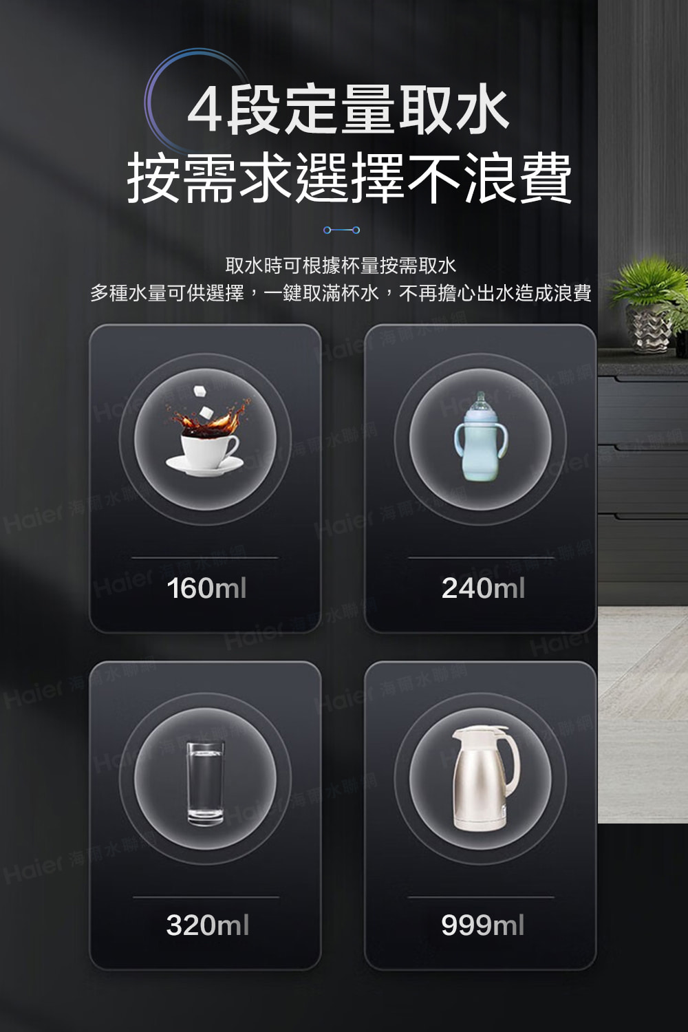 4段定量取按需求選擇不浪費○○取時可根據杯量按需取水多種水量可供選擇,一鍵取滿杯水,不再擔心出水造成浪費  水聯 水Hai160ml er  水 水聯240ml聯網Haier 水HaierHaier 海 聯聯網320ml999ml
