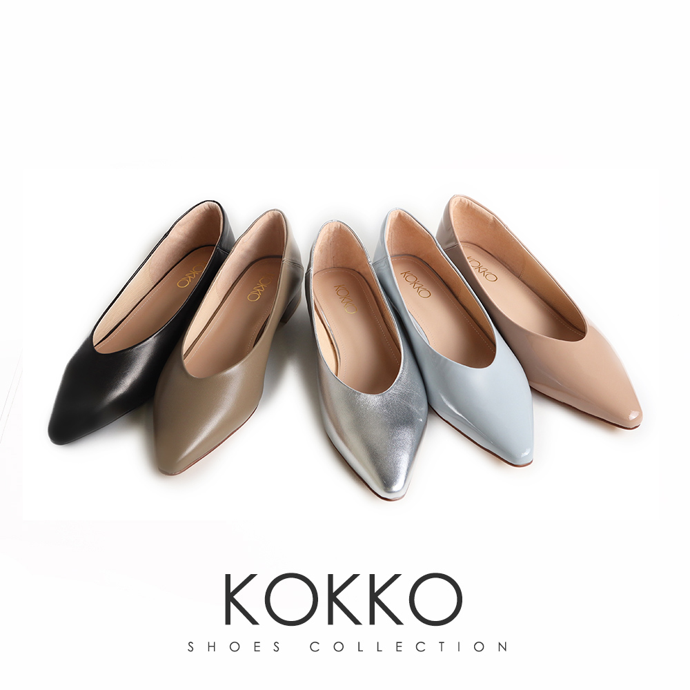 KOKKO 集團 素面簡約V型漆皮舒弧低跟包鞋(可可色)好評