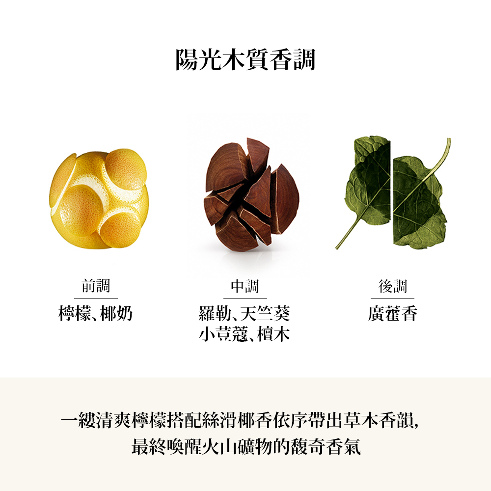 一縷清爽檸檬搭配絲滑椰香依序帶出草本香韻,