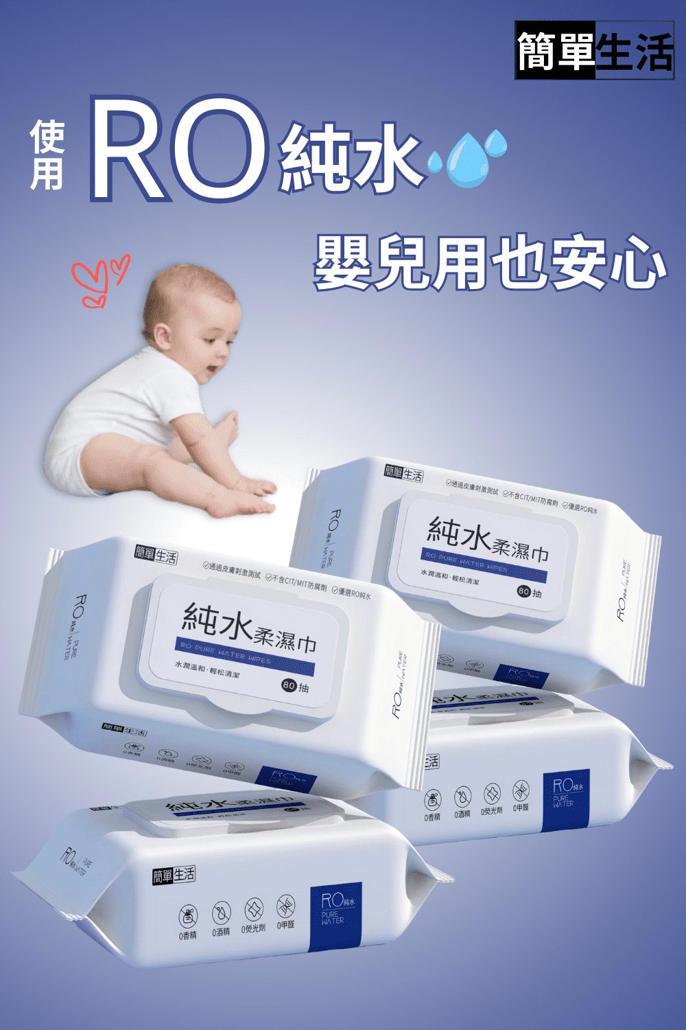 簡單生活 RO純水嬰兒濕紙巾加厚80抽12包入(RO純水零添