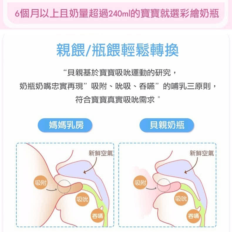 6個月以上且奶量超過240ml的寶寶就選彩繪奶瓶