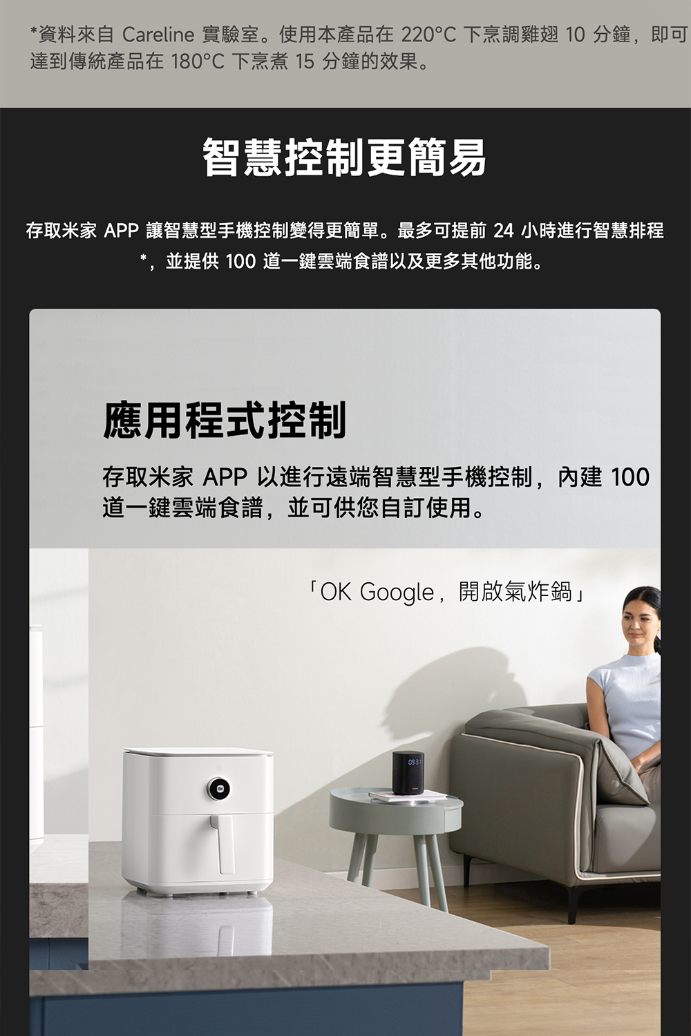 資料來自 Careline 實驗室。使用本產品在 220C 下烹調雞翅 10 分鐘,即可