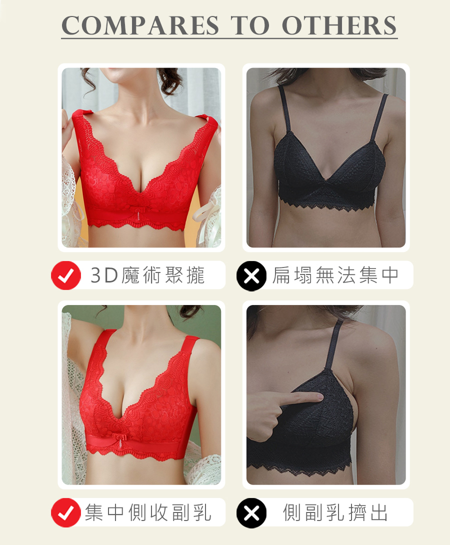 V 3D魔術聚攏 X扁塌無法集中 集中側收副乳 X 側副乳擠出 