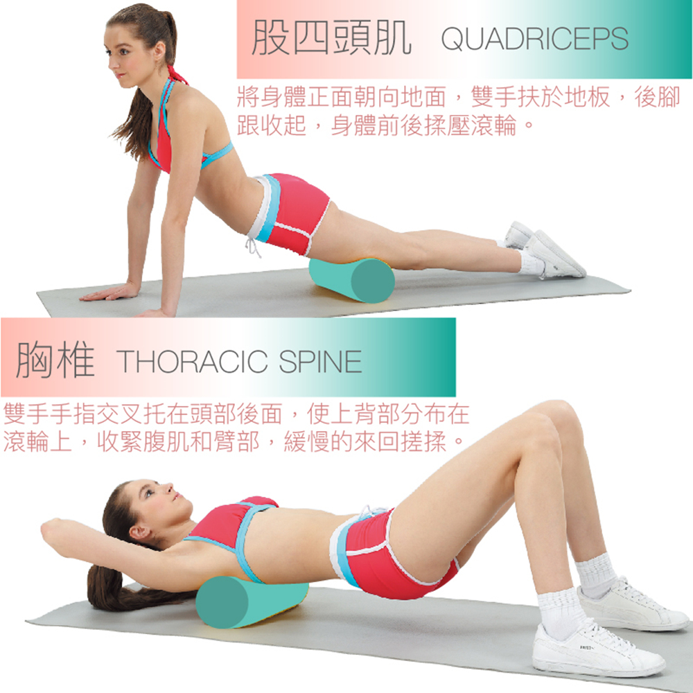 股四頭肌 QUADRICEPS 將身體正面朝向地面,雙手扶於地板,後腳 跟收起,身體前後揉壓滾輪。 雙手手指交叉托在頭部後面,使上背部分布在 滾輪上,收緊腹肌和臂部,緩慢的來回搓揉。