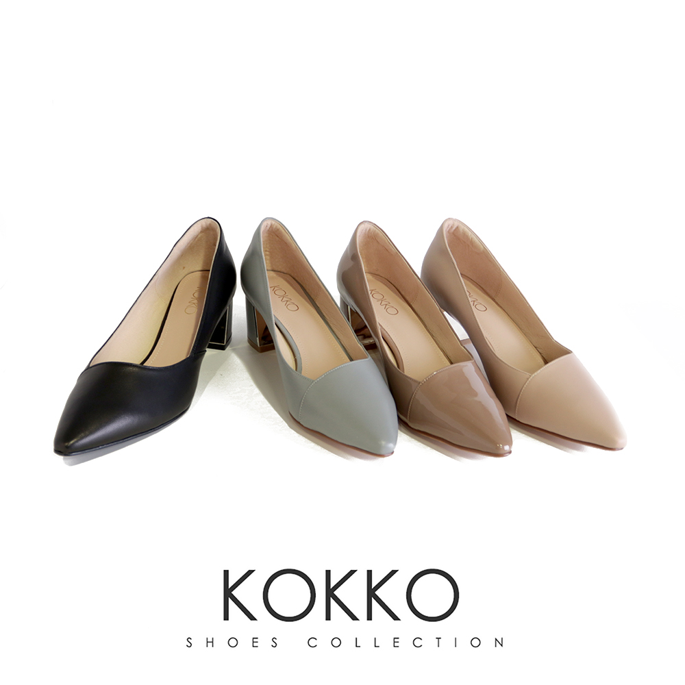 KOKKO 集團 溫柔高雅斜口小方楦漆皮粗跟包鞋(可可色)好