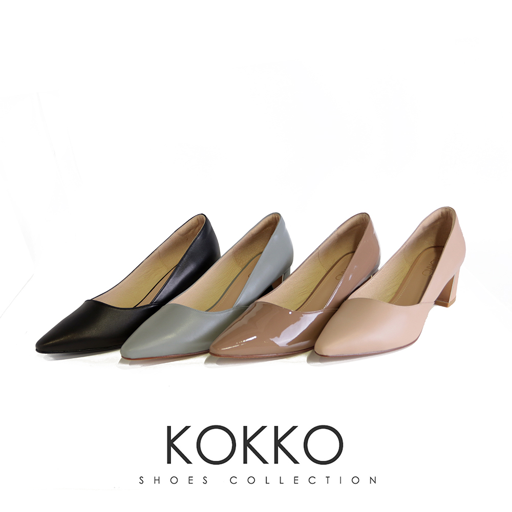 KOKKO 集團 溫柔高雅斜口小方楦漆皮粗跟包鞋(可可色)好