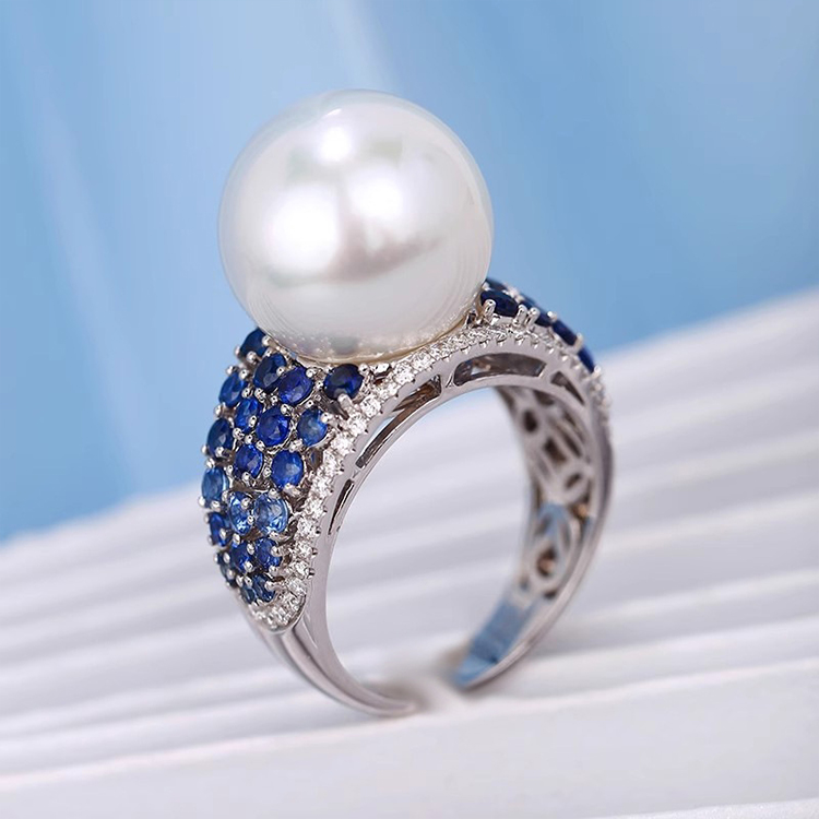 ANGEL 法式巴洛克珍珠寬版藍鑽彈性開口戒指(藍色)評價推