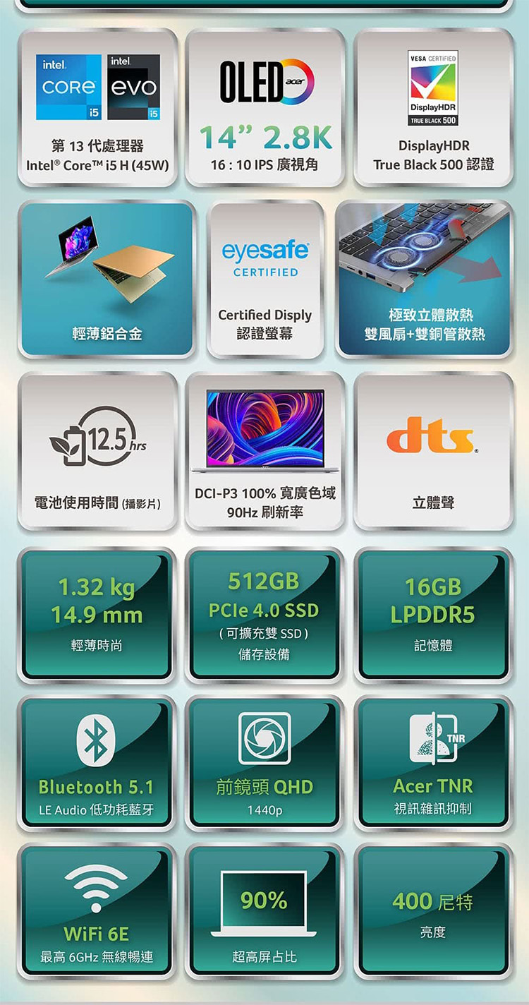 Acer 宏碁 14吋13代i5 OLED輕薄特仕筆電(Sw