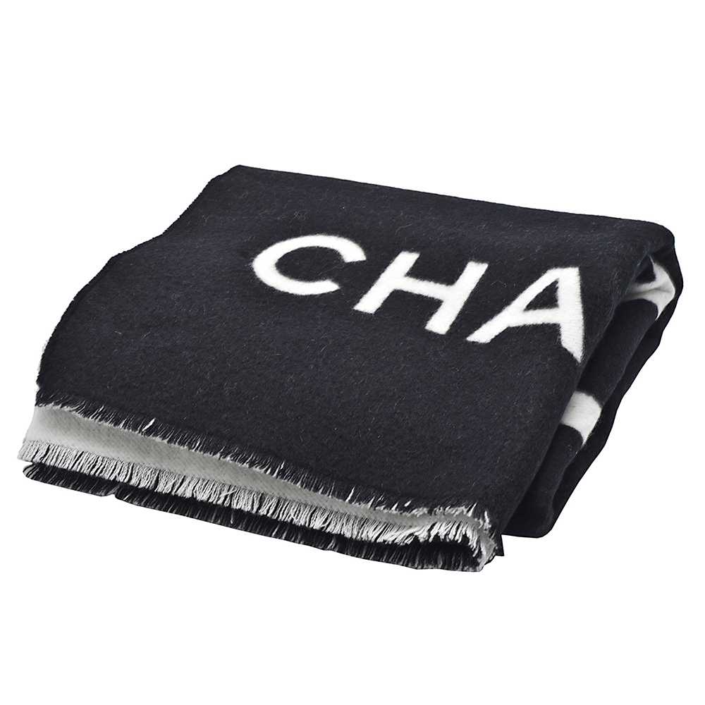 CHANEL 香奈兒 經典品牌LOGO喀什米爾羊毛圍巾(黑白