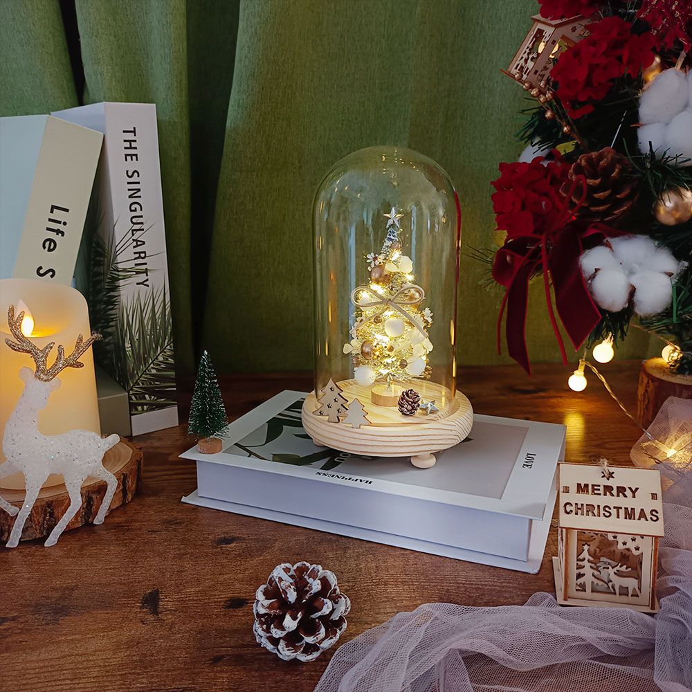 KIRA與花花藝 聖誕獻禮．永生花聖誕樹LED玻璃罩大款-雪