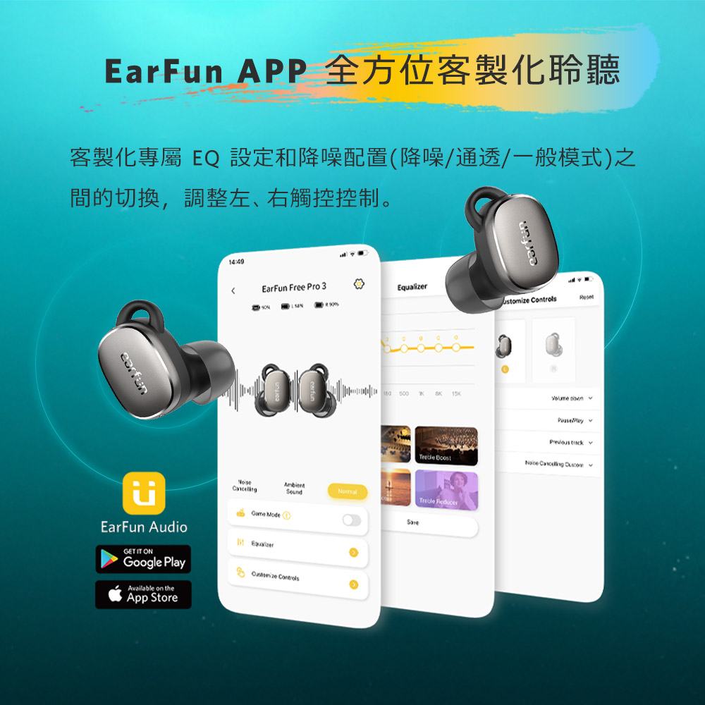 EarFun APP 全方位客製化聆聽 客製化專屬 EQ 設定和降噪配置降噪通透一般模式之 間的切換,調整左右觸控控制。 試 15K 