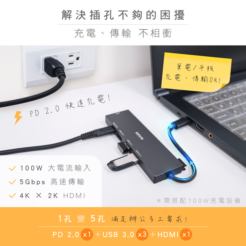 KINYO USB TYPE C五合一多功能擴充座/USB集