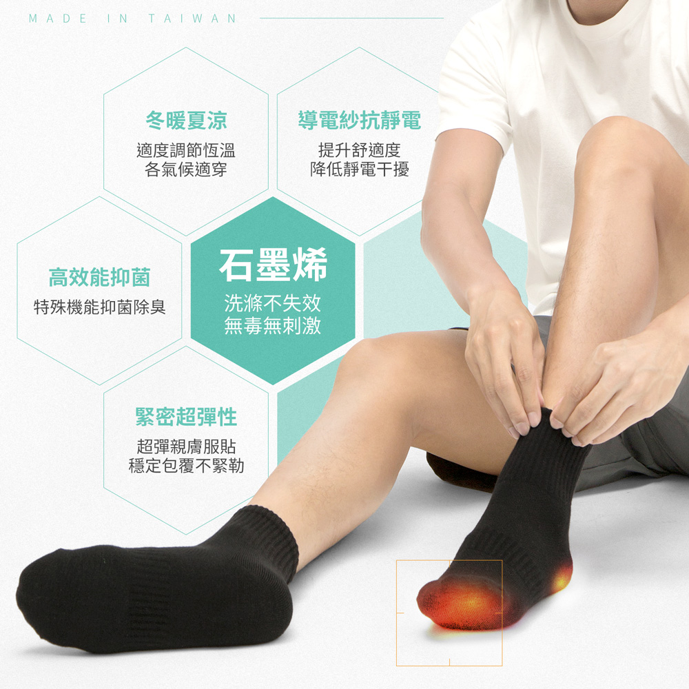 GIAT 2雙組-石墨烯抗靜電足弓氣墊消臭襪(台灣製MIT)