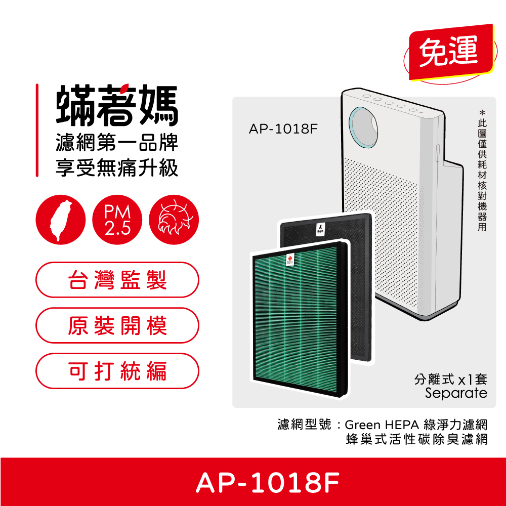 蟎著媽濾網第一品牌享受無痛升級PM2.5AP-1018F台灣監製原裝開模可打統編免運分離式套Separate濾網型號:Green HEPA 綠淨力濾網蜂巢式活性碳除臭濾網AP-1018F