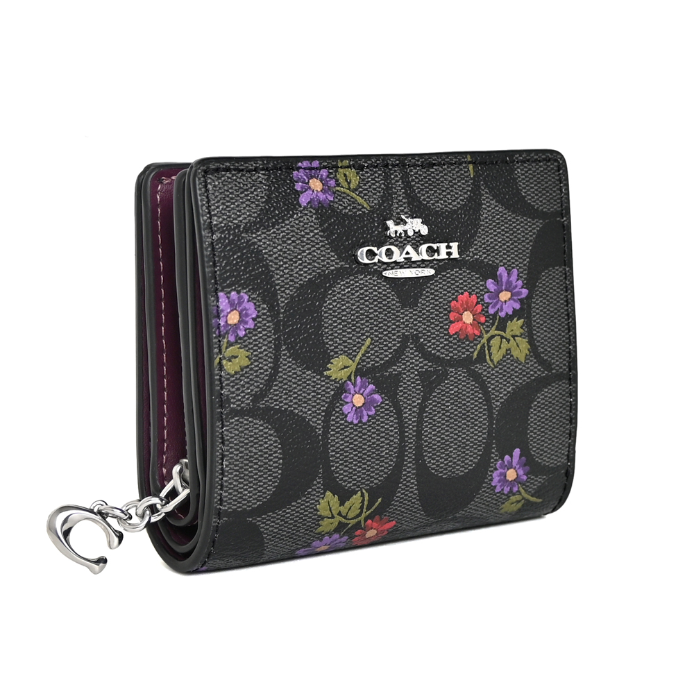 COACH PVC Logo花印釦式雙摺C字拉鍊袋短夾(鐵灰