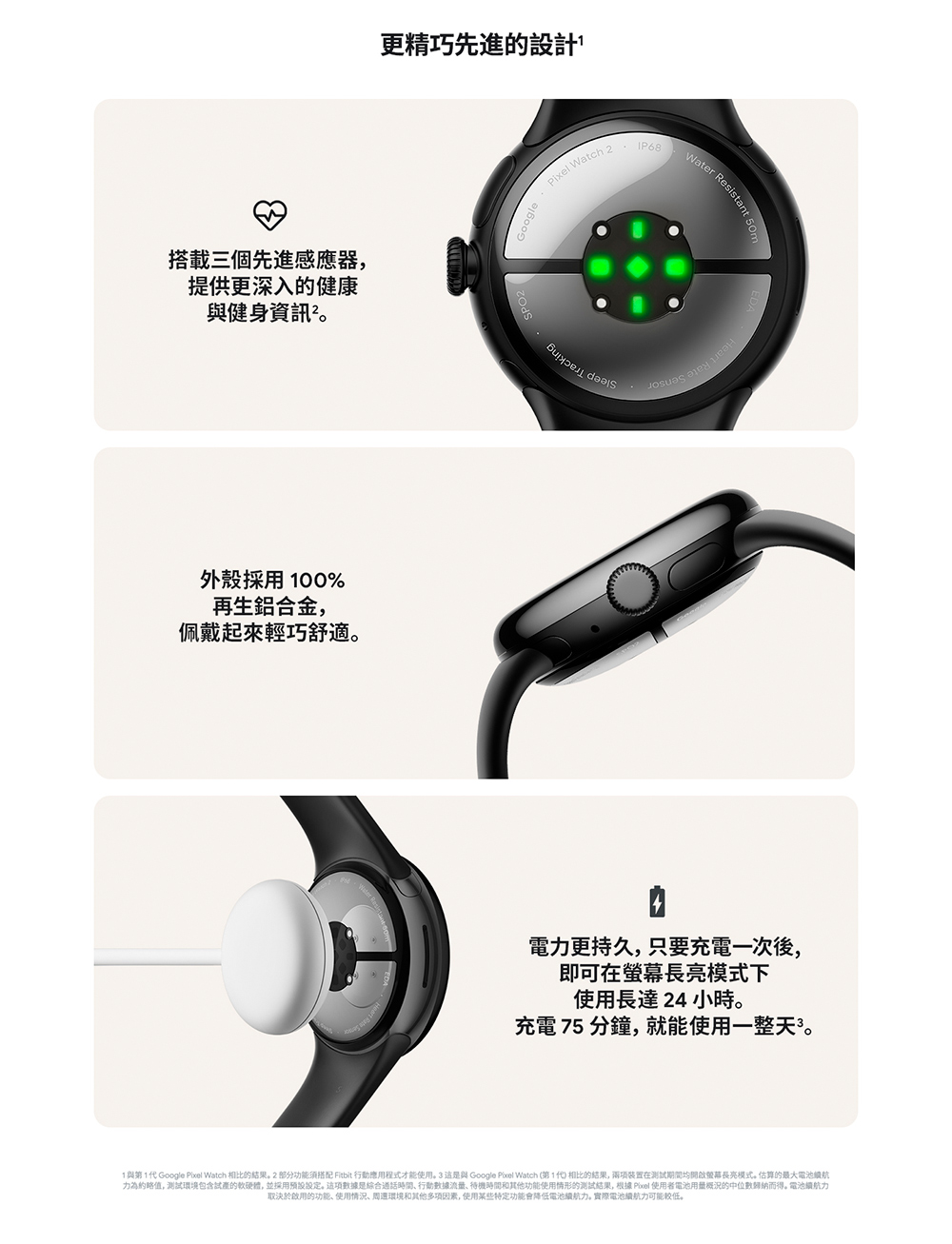 1與第1代 Google Pixel Watch 相比的結果。2部分功能須搭配Fitbit 行動應用程式才能使用。3这是與 Google Pixel Watch 第1代相比的結果,兩項装置在測試期間均開啟螢幕長亮模式。估算的最大電池續航