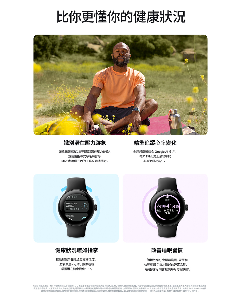 度追蹤的準確度。4這項功能目前只在部分國家地區推出,血氧濃度功能無法用來診斷或治療任何疾病,也不得用於任何其他醫療目的,只能協助你管理及追蹤健康相關資訊。5須有 Fitbit Premium 會員