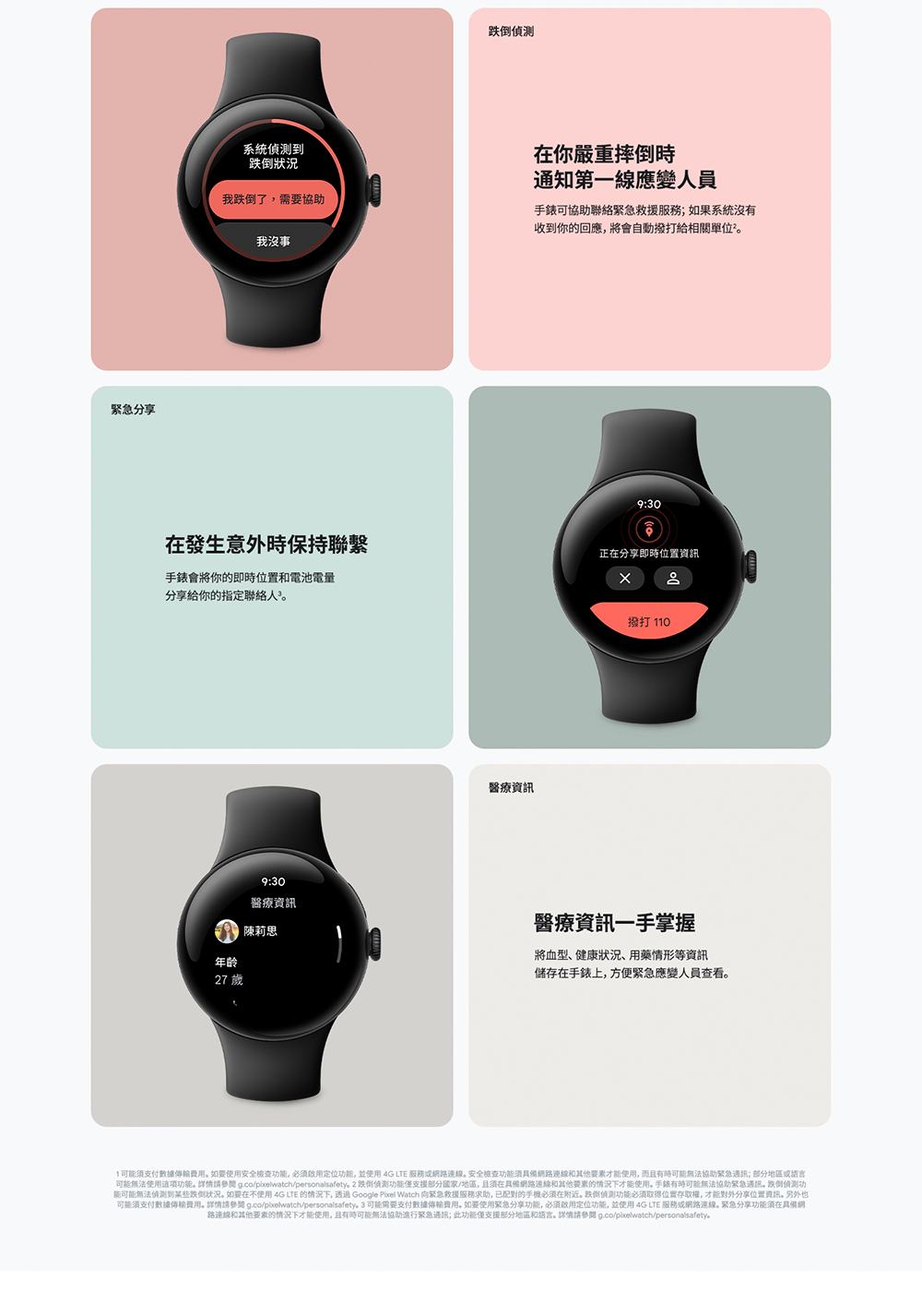 可能須支付數據傳輸費用。詳情請參閱g.copixelwatchpersonalsafety. 3 可能需要支付數據傳輸費用。如要使用緊急分享功能,必須啟用定位功能,並使用 4G LTE 服務或網路連線。緊急分享功能須在具備網