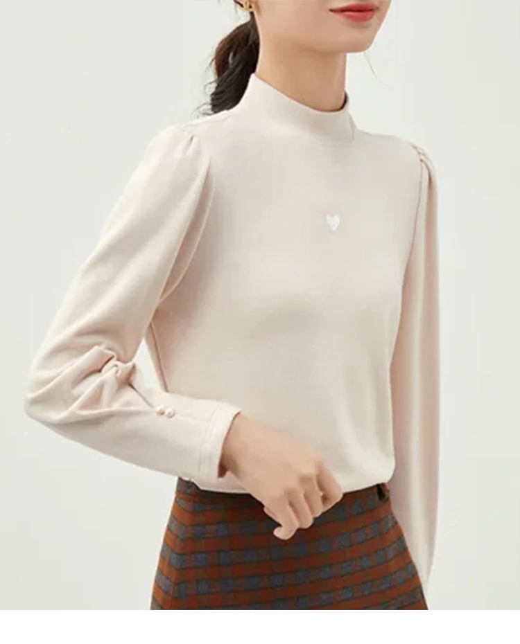 初色 半高領純色保暖泡泡袖長袖T恤上衣女上衣-共2色-320