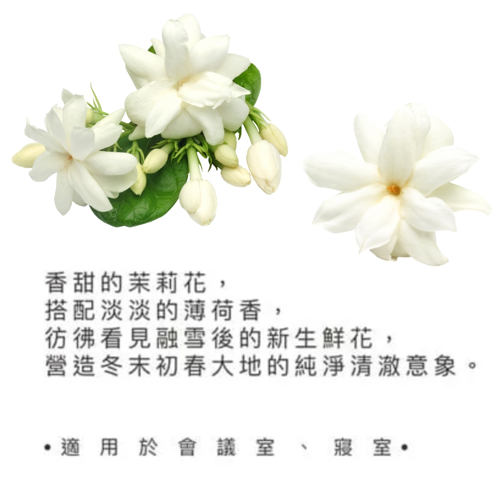 香甜的茉莉花, 搭配淡淡的薄荷香, 彷彿看見融雪後的新生鮮花, 營造冬末初春大地的純淨清澈意象。 適用於會議室、寢室 