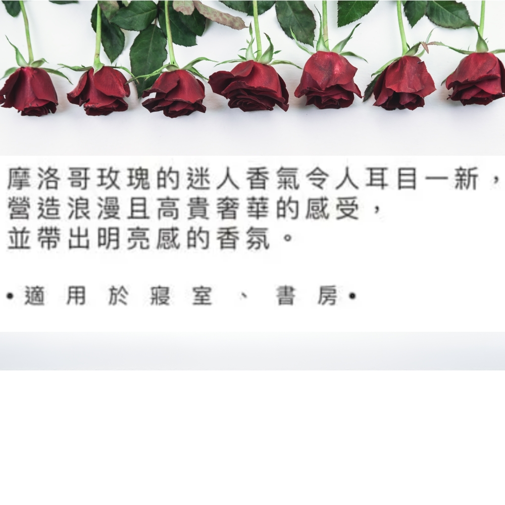 摩洛哥玫瑰的迷人香氣令人耳目一新 營造浪漫且高貴奢華的感受, 並帶出明亮感的香氛。 適用於寢室、書房 