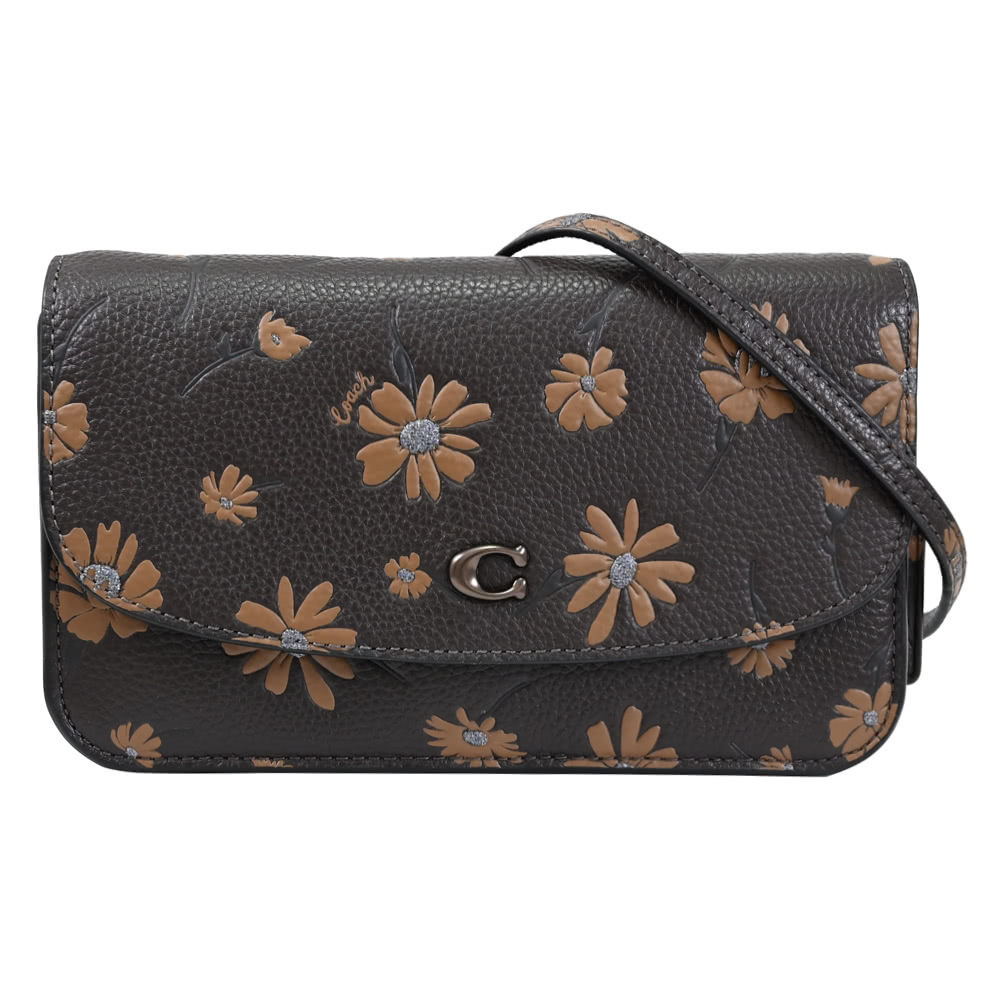 COACH 經典LOGO花卉皮革壓花翻蓋淑女包斜背包(深咖)