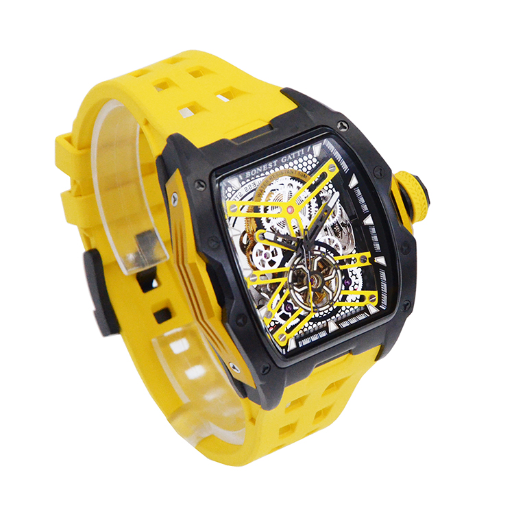 BONEST GATTI 黑黃色款 鏤空酒桶造型 氟橡膠錶帶