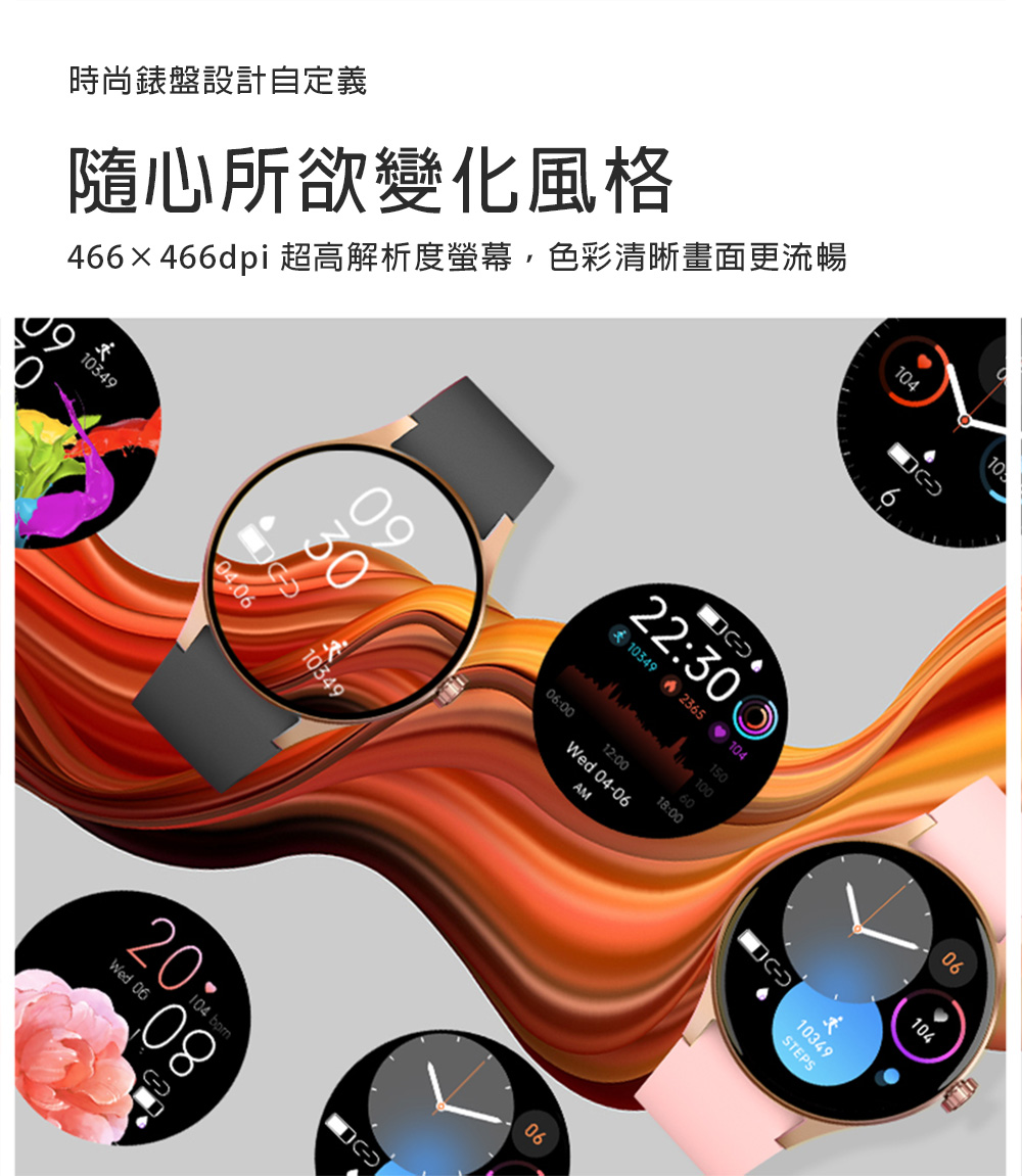 時尚錶盤設計自定義 隨心所欲變化風格 466466dpi超高解析度螢幕,色彩清晰畫面更流暢 