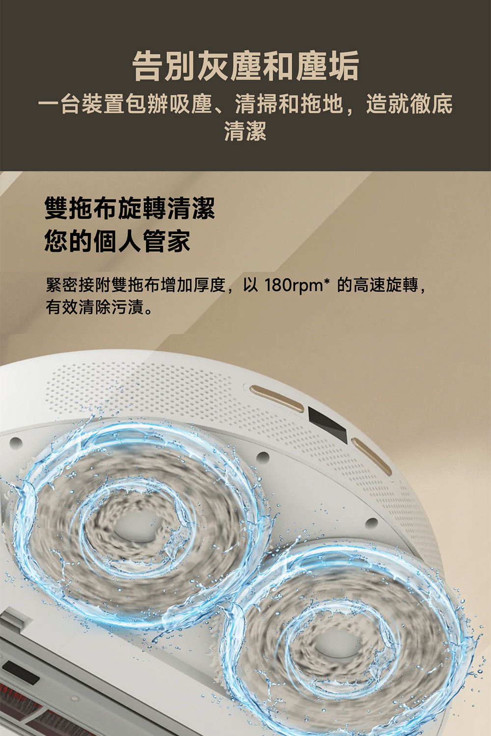 緊密接附雙拖布增加厚度,以180rpm 的高速旋轉,