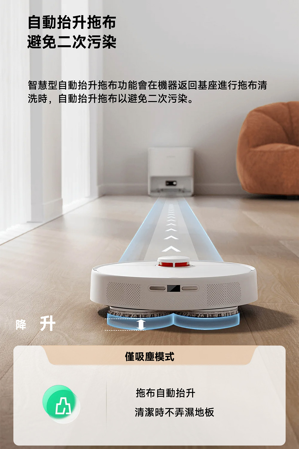 智慧型自動抬升拖布功能會在機器返回基座進行拖布清