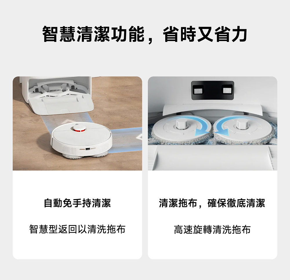智慧清潔功能,省時又省力 自動免手持清潔 智慧型返回以清洗拖布 清潔拖布,確保徹底清潔 高速旋轉清洗拖布 