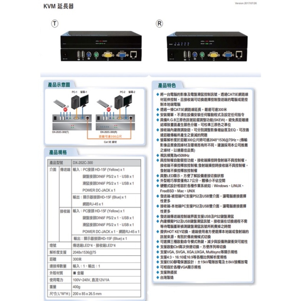昌運監視器 DX-202C-300 KVM 300M 雙向輸