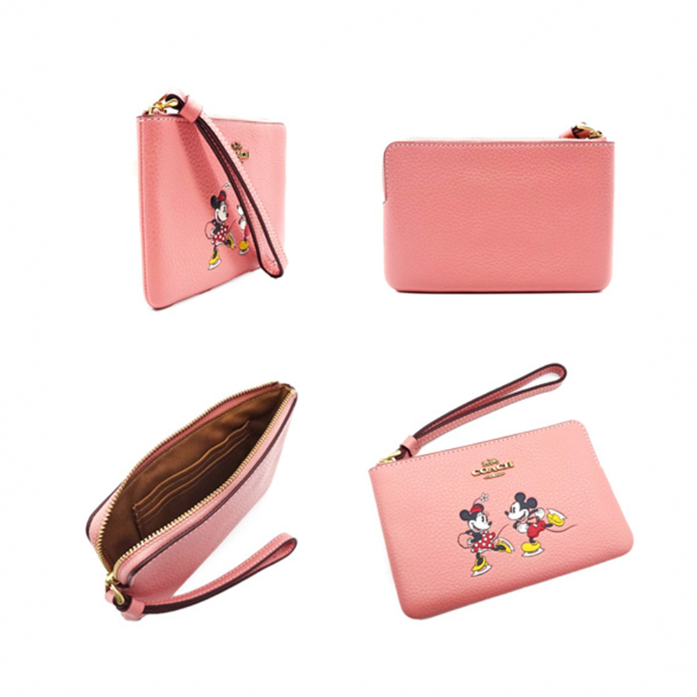 COACH 限定迪士尼聯名款米奇米妮粉色皮革手拿包(CN02
