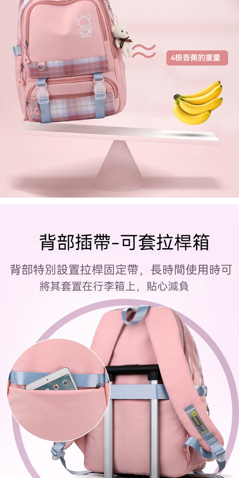 4根香蕉的重量 背部插帶可套拉桿箱 背部特別設置拉桿固定帶,長時間使用時可 將其套置在行李箱上,貼心減負 