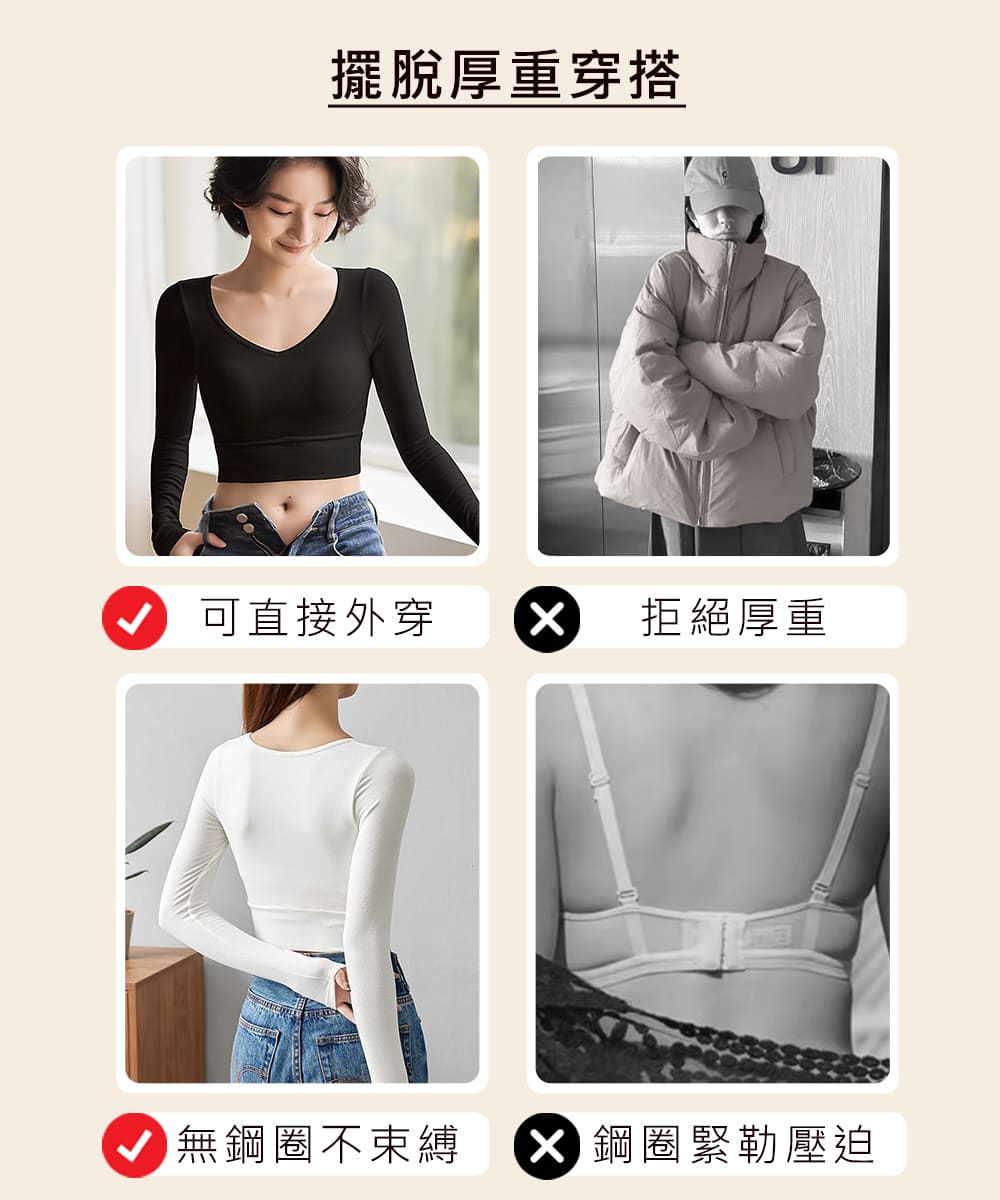 擺脫厚重穿搭 可直接外穿 x 拒絕厚重 無鋼圈不束縛 X鋼圈緊勒壓迫 