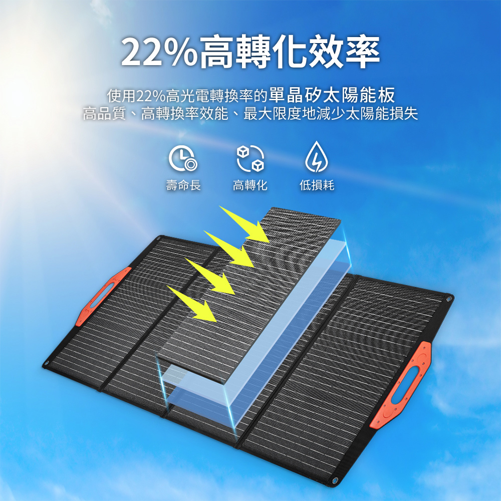22%高轉化效率 使用22%高光電轉換率的單晶矽太陽能板 高品質、高轉換率效能、最大限度地減少太陽能損失 壽命長 高轉化 低損耗 